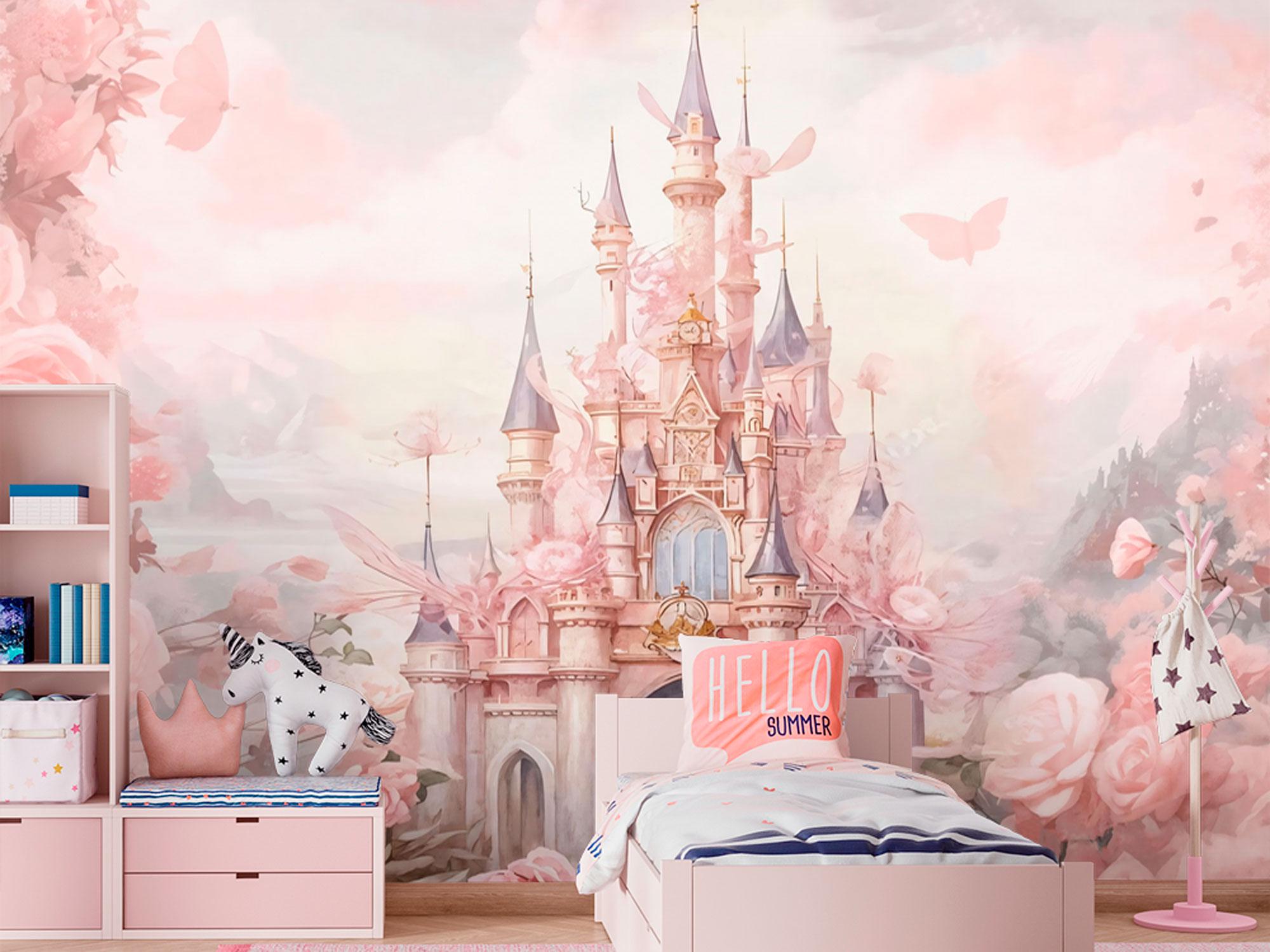 Fairy Tale Princess Castle Wall Mural – Pink Fantasy Castle Wallpaper ...