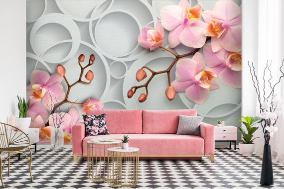 Botanische Vinyl Tapete mit Motten Orchideen Blumen, blühende Orchidee  Wandbild, Phalaenopsis Wandbild, Große Blumen Wanddekoration