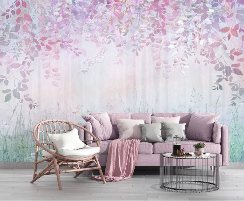 Bedroom Wallpapers Forest Wall Decor Trees Nursery Decor Kids Wall Mural Bedroom Pink Blue Wall Playroom wallpaper, Vinyl wallpaper image 1
