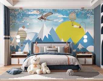 Photomurals for the nursery, Airplane Wallpaper, Interior Design,  3D Wallpaper, Blue Wallpaper, large wall mural, Wallpaper Roll