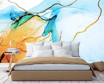 Fluid Art Wallpaper, Terracotta and Blue with gold Abstract Painting, Modern Art Wallcovering, Alcohol Ink Wall Decoration, Vinyl Wall Mural