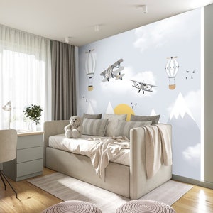 Boys Room Ideas, Boys Room Wallpaper, Airplane Wallpaper, Interior Design,  3D Wallpaper, Blue Wallpaper, large wall mural, Wallpaper Roll