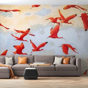 Red Cranes birds Wallpaper, Decorative Wallpaper, Vinyl Wallpaper, printed wallpaper, Heron Print Wallpaper, Removable Vinyl