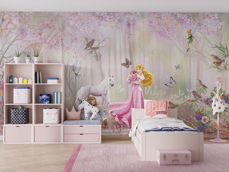 May include: A pink and white bedroom with a mural featuring a princess, a unicorn, and birds. The mural is on the wall behind a white bed with a pink pillow that says "Hello Summer".