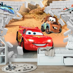 Fondos de pantalla de dibujos animados de coches rojos, decoración de pared para guardería, papeles pintados extraíbles, arte de pared de coches, impresión de coches para niños, papel tapiz de arte personalizado para niños