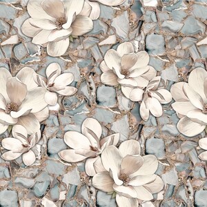 May include: A seamless pattern featuring white magnolia flowers on a background of gray and gold mosaic tiles.