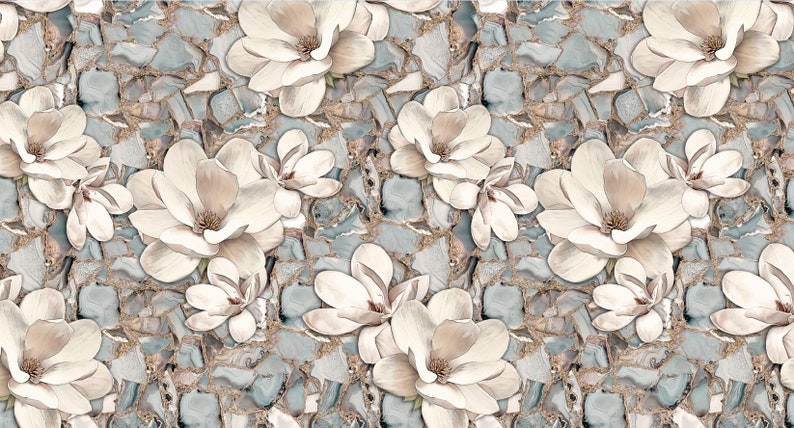 May include: A seamless pattern featuring white magnolia flowers on a background of gray and gold mosaic tiles.