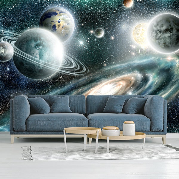 Universum Vinyl Tapete, Galaxie Und Planeten Wandbild, Weltraum Wandbild, Große benutzerdefinierte Wanddekoration, Weltraum Wandkunst, Galaxy Wanddeko