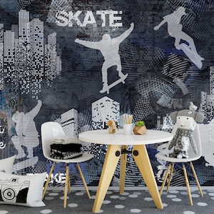 Carta da parati in vinile per adolescenti, Carta da parati per pattinatori, Parete urbana, Skateboard, Arte da parete per skate park, Rivestimento murale per skateboarder, Carta da parati per bambini