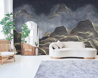 Papel pintado de vinilo con paisaje montañoso abstracto. Papel pintado gris oscuro con estampado dorado. Papel pintado de diseño. Papel pintado autoadhesivo moderno