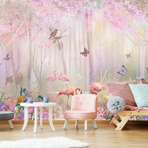Carta da parati personalizzata per cameretta dei bambini con fenicotteri rosa, carta da parati per camerette per ragazze, sfondi rimovibili, stampa floreale per cameretta dei bambini, decorazione personalizzata per la cameretta dei bambini, fenicottero