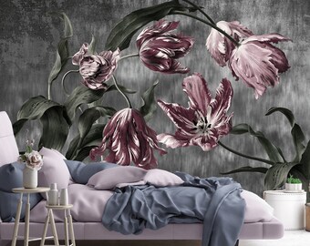 Blooming Tulip Wall Mural, Dutch Floral Painting, Botanical Vinyl Wallpaper With Tulip Flowers, Flower Wall Mural, Big Flowers Wallcovering