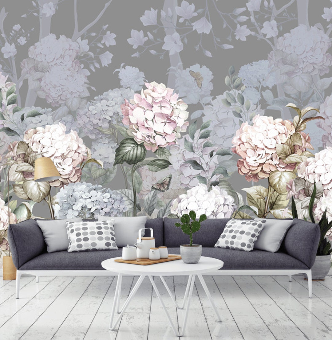 Beautiful Vinyl Wallpaper With Hydrangea Flowers Light Floral Mural