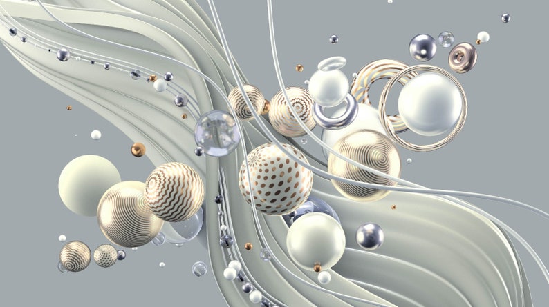 May include: Abstract 3D illustration featuring a collection of white, gold, and silver spheres, some with geometric patterns, floating against a gray background. The spheres are surrounded by white, wavy lines.