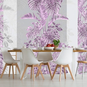 Carta da parati purple metallic Monstera Leaves, murale floreale luminoso, carta da parati botanica, stampa floreale grande, stampa tropicale a grandi foglie