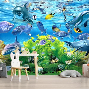Blue Sea Colored Fish Wall Mural \ Carta da parati Sotto il mare Decor Underwater World Murale Underwater Life Carta da parati per delfini