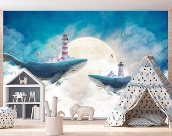 Watercolor blue whale Wallpaper, undersea whale wall mural, Ocean Wallpaper, Underwater World, nursery wall decor, ocean whale art