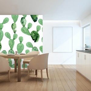 Aquarell Kaktus Vinyl Tapete, Kakteen Wandkunst, Opuntia Wandbild, Florales Wandpapier, Tropischer Wandbezug, Sukkulenten Akzent Wand
