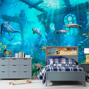 Mondo sottomarino, delfini, Murale della stanza dei bambini, Murales per bambini Poster di carta da parati Stampato, Adesivi carini rimovibili