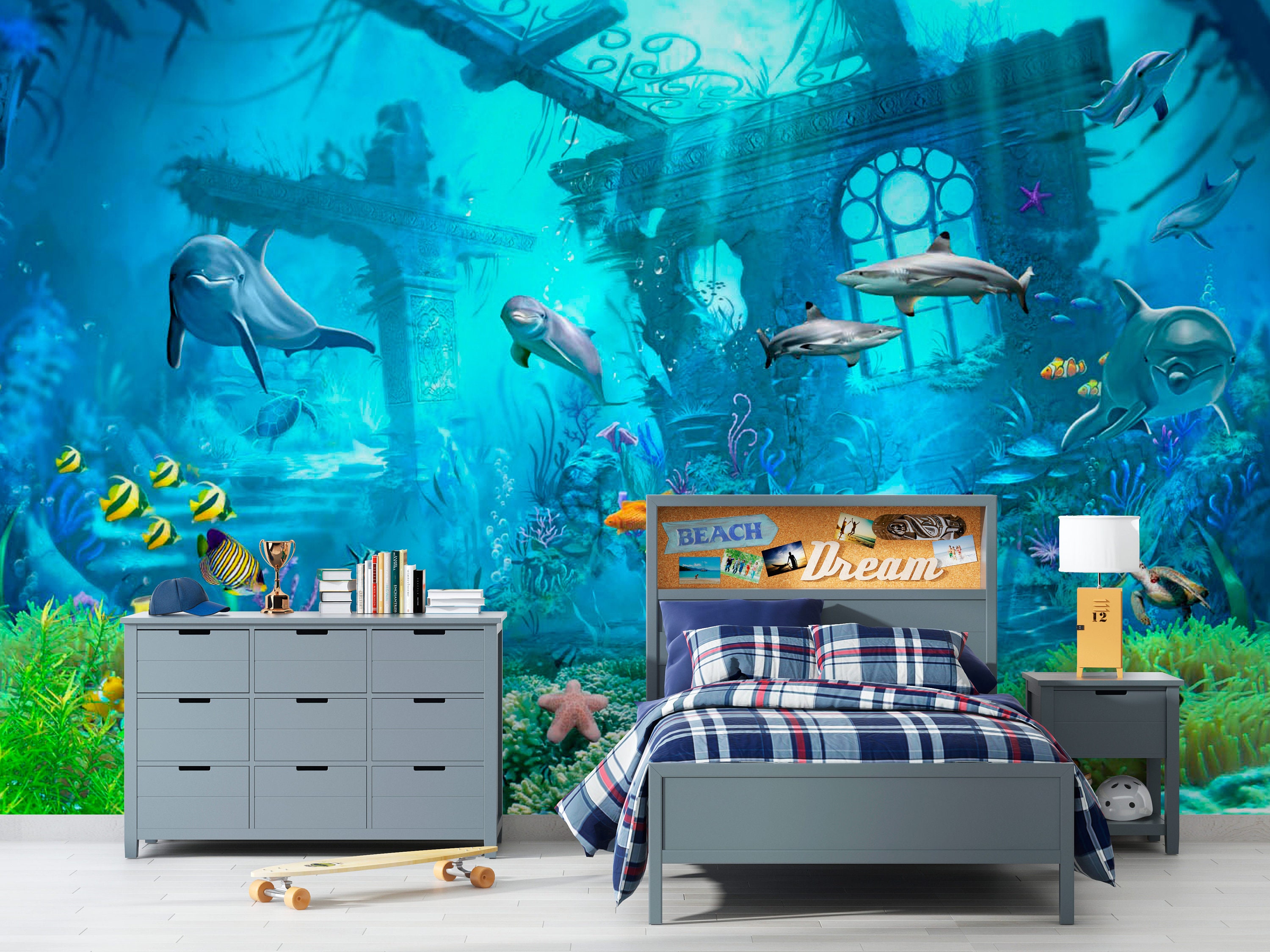Sticker Poster Wandbild, abnehmbar wandbild bedruckt, Unterwasserwelt, Delfine, Tapete Kinder niedliche Kinderzimmer