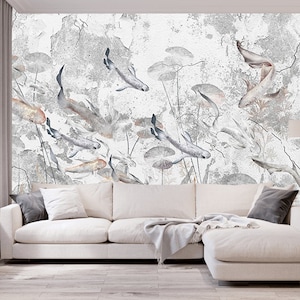 Chinoiserie Scenic Koi Pond Vinyl Wallpaper, Koi Fish Wall Paper, Japanese Fish, Asian Design Wall Mural, Water Garden Vintage Wallcovering