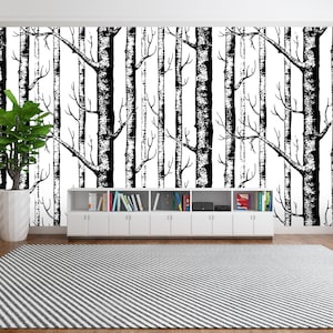 Black&White Birch Tree Wallpaper, Modern Design Wall Paper, Rustic Forest Wall Mural, Scandinavian minimalist decor, Birch Tree Wallcovering