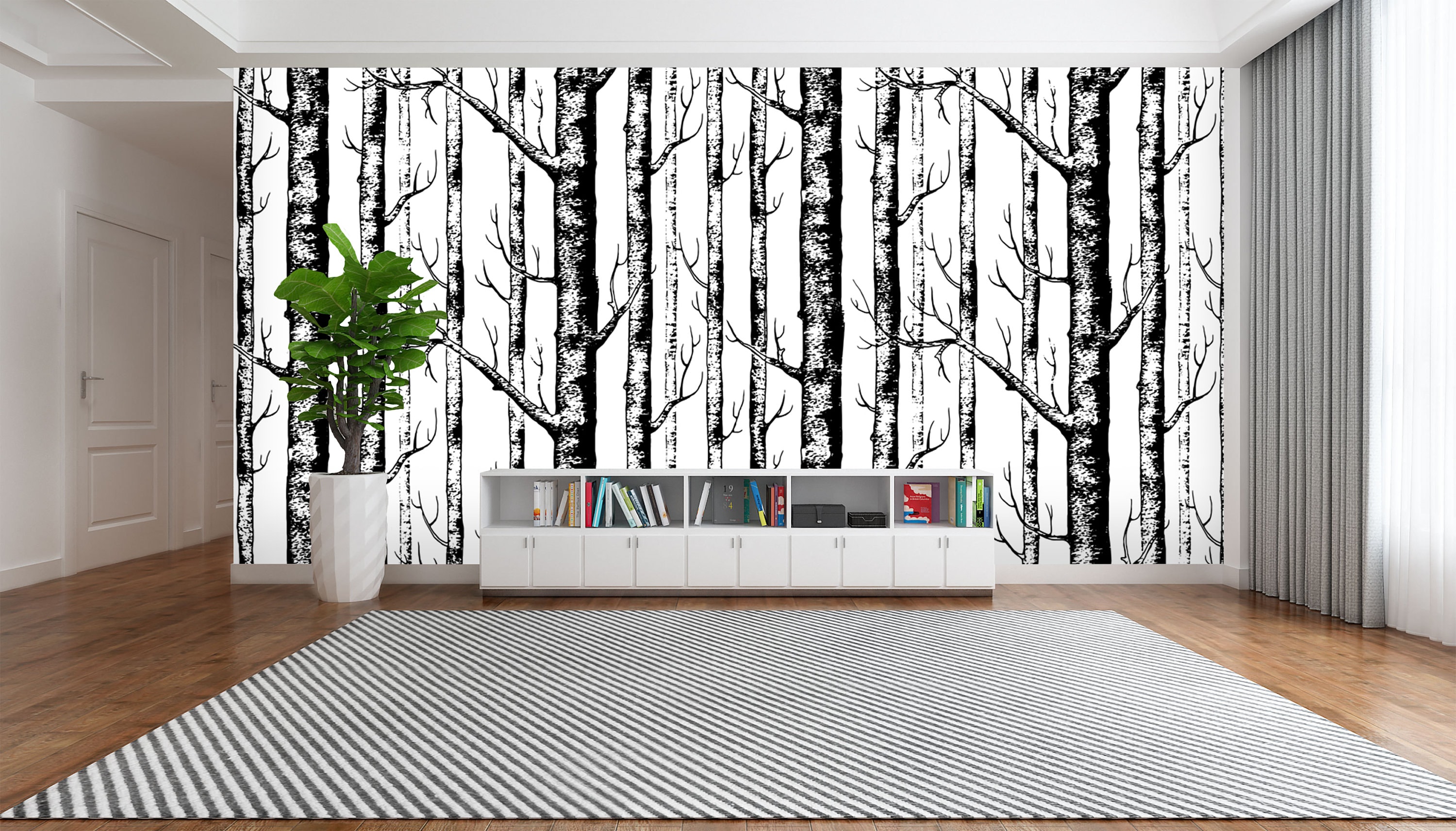 Black&White Birch Tree Wallpaper Modern Design Wall Paper Etsy