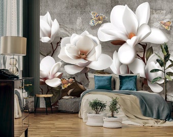 Beautiful Vinyl Wallpaper With Pink Magnolia Flowers, Light Floral Mural, Botanical Wallpaper, Large Floral Print, Big Flowers Wallcovering