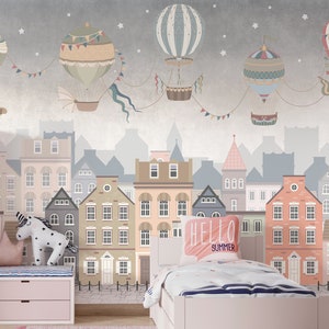 Niños papel pintado dibujos animados pared arte hermoso cuento de hadas ciudad mural, niños habitación Deco, papel pintado niños, decoración de pared Scandi, pared de guardería