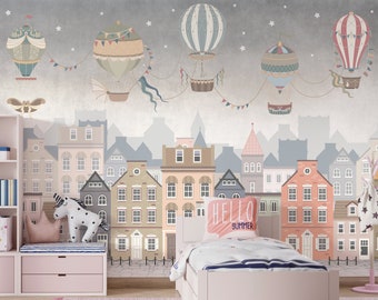 Kids Wallpaper Cartoon Wall Art Beautiful Fairytale Town Mural, Kids Room Deco, Wallpaper Kids, Scandi Wall Decor, Nursery Wall