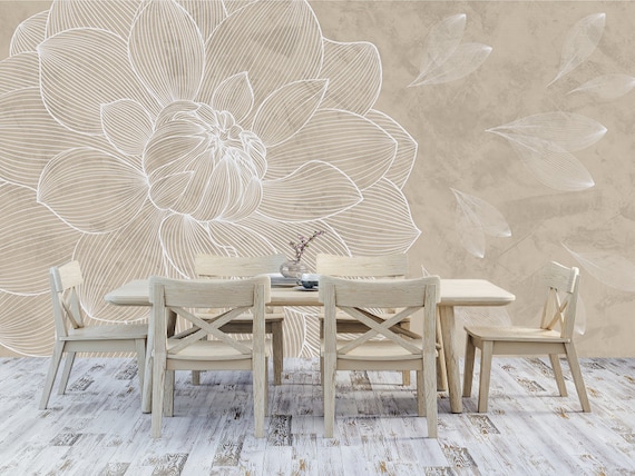 Light Floral Vinyl Wallpaper, Botanical Wallpaper, Big White Flower Wallcovering, Giant Peony Wall Mural, Lines Drawing Floral Wall Paper