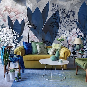 Bella carta da parati in vinile blu, murale floreale, carta da parati botanica, grande stampa floreale, grandi fiori e foglie rivestimento murale, accento parete