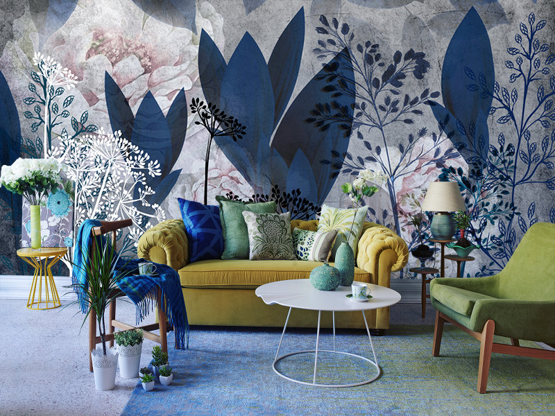 Beautiful Blue Vinyl Wallpaper Floral Wall Mural Botanical Etsy