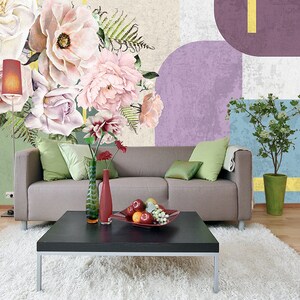Beautiful Geometric Vinyl Wallpaper With Peony And Rose Flowers, Floral Wall Mural, Botanical Wallpaper, Big Flowers Wallcovering