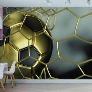 Arte murale con pallone da calcio dorato - Tema sportivo di lusso, decorazione da calcio per la stanza dei bambini, murale digitale stampabile per la stanza dei bambini