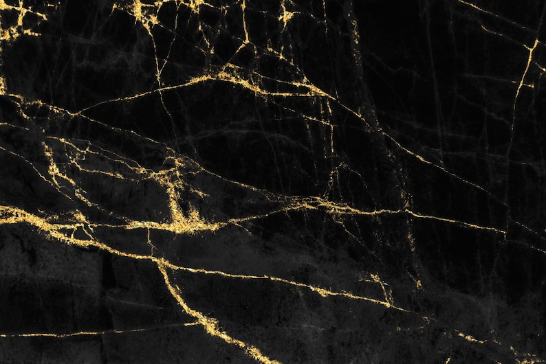 May include: Black marble background with gold veins. The marble has a dark, almost black, background with thin, gold veins running through it.