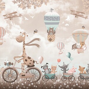 May include: A whimsical illustration of a giraffe riding a bicycle with other animals in hot air balloons and airplanes. The background is a light brown with clouds and trees.
