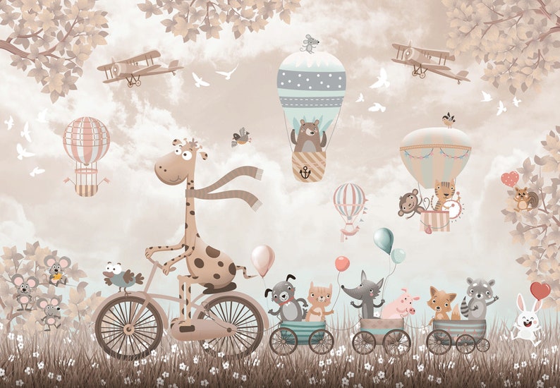 May include: A whimsical illustration of a giraffe riding a bicycle with other animals in hot air balloons and airplanes. The background is a light brown with clouds and trees.