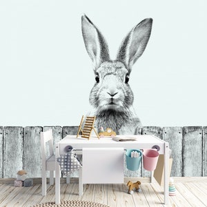 Adorable Little Rabbit Vinyl Wallpaper, Bunny Wall Mural, Simple And Cute Wall Covering, Gray Wall Print, Kids Wallpaper, Nursery Wallpaper