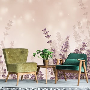 Bella carta da parati in vinile con fiori di lavanda, murale floreale, carta da parati botanica, rivestimento murale Big Flowers, carta da parati viola chiaro