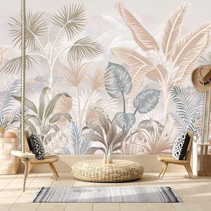 Exotische große Blätter Wandbild, Palmenblatt Vinyl Tapete, Dschungel Wald Wandbespannung, Regenwald Tropische Tapete, Großer Blumendruck