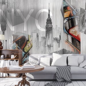 Carta da parati di New York, Murale a parete dell'Empire State Building, Arte murale del grattacielo, Parete accento della stanza degli adolescenti, Rivestimento murale astratto, Carta da parati Usa