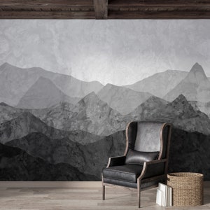 Gray mountain landscape wallpaper, Abstract Mountains wallpaper, Self-adhesive wallpaper Vinyl Office Designer wallpaper