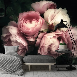 Splendida carta da parati fotografica con fiori di peonia, murale floreale, carta da parati botanica, carta da parati con grandi fiori, peonie su sfondo scuro