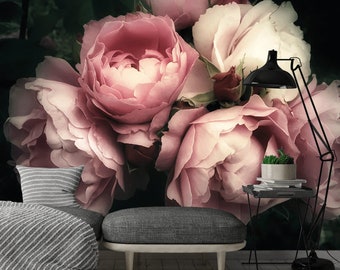 Beautiful Photo Wallpaper With Peony Flowers, Floral Wall Mural, Botanical Wallpaper, Big Flower Wallcovering, Peonies On A Dark Background