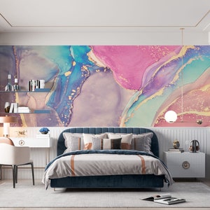 Purple Fluid Art Wallpaper, Purple marble, removable wallpaper marble Wall Poster decor, Living room Wall Mural Purple Gold Marble Wallpaper