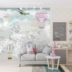 Vintage Karte Kinder Tapete, Wandkunst Flugzeug, Heißluftballon Vinyl Wanddeko, Tier Karte Tapete, Kinderzimmer Deko