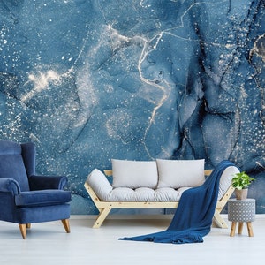 Fluid Art Wallpaper, Blue Abstract Painting, Marble Art Wall Decor, Modern Art Ink Wall Decor, Vinyl Mural, Abstract Blue Artwork
