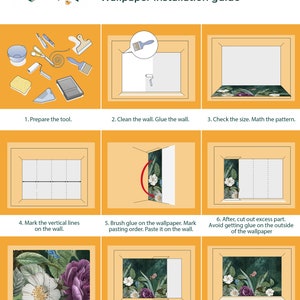 Op de afbeelding: Een ge&iuml;llustreerde handleiding in negen stappen voor het behangen. De handleiding bevat afbeeldingen van gereedschap, stappen voor het voorbereiden van de muur, het meten, snijden en plakken van behang. De handleiding bevat ook tips voor het afstemmen van patronen en het gladstrijken van het behang met een schraper.