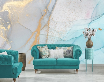 Fluid Art Wallpaper, Purple and blue with gold Abstract Painting, Marble Wallcovering, Modern Art Wall paper, Alcohol Ink Wall Decoration